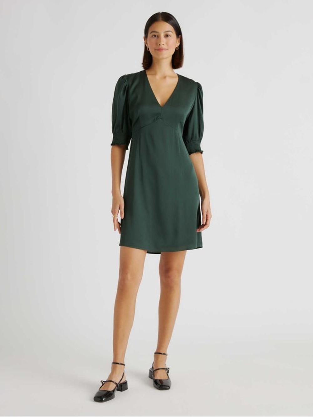 Quince Emerald Green Dress Medium Washable Silk Puff Sleeve Mini Quiet Luxury